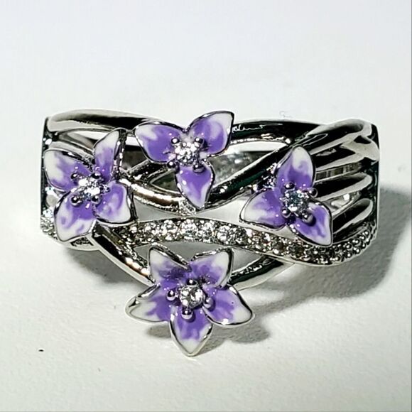 Violet (Purple) Flower Clear / White Diamond Ring on 925 Sterling Silver - Picture 6 of 8